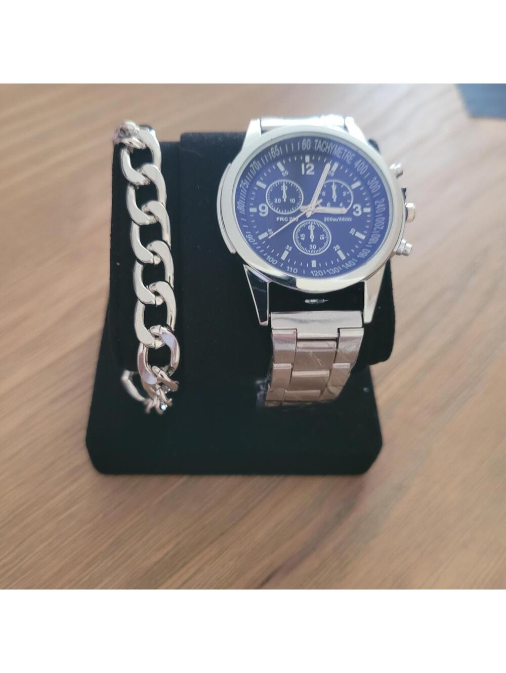 Men's Silver Tone Stainless Steel Analog Watch with Chain Bracelet